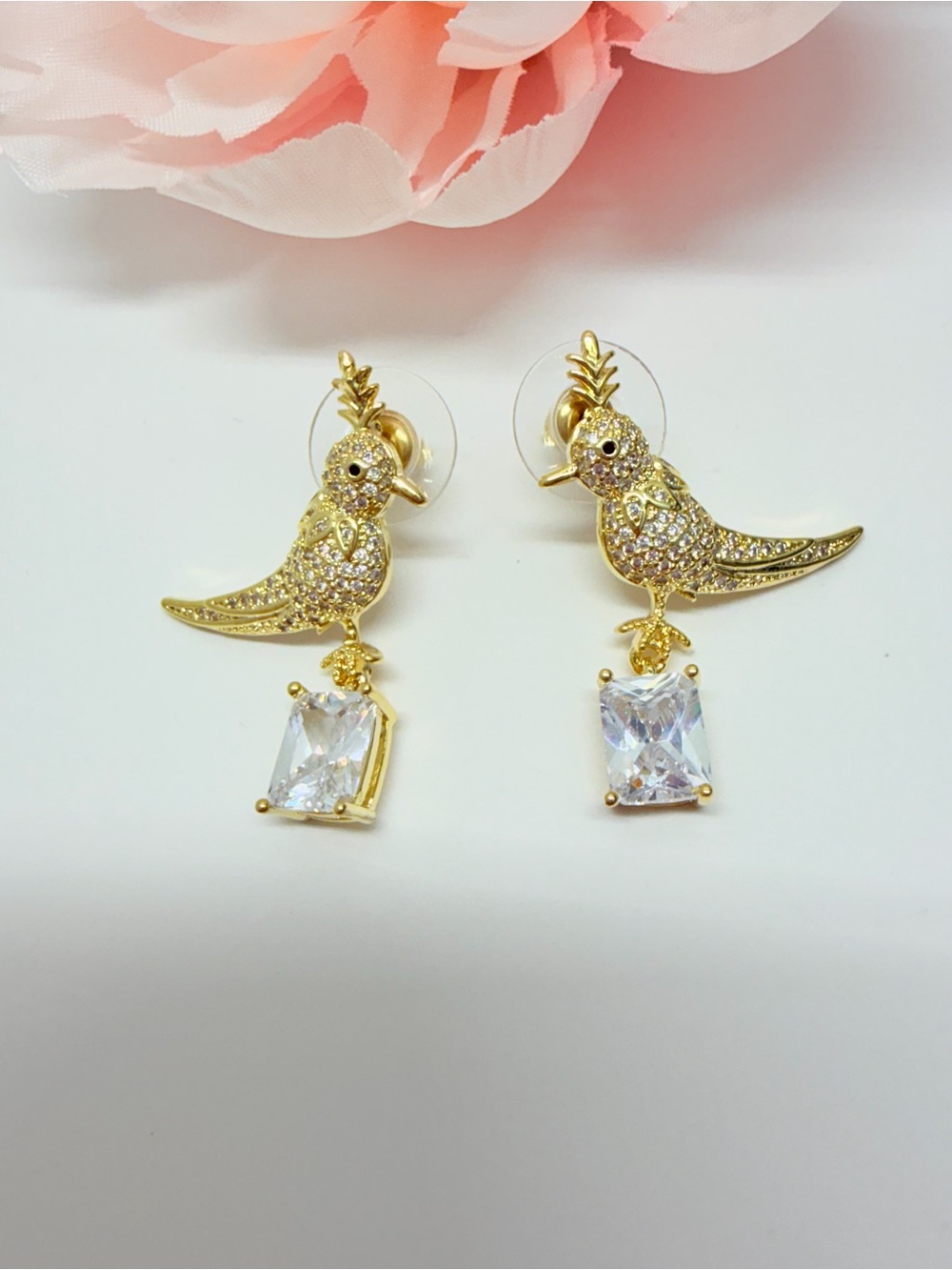Gold Parrot Drop Earrings with Clear Crystal Square Dangle